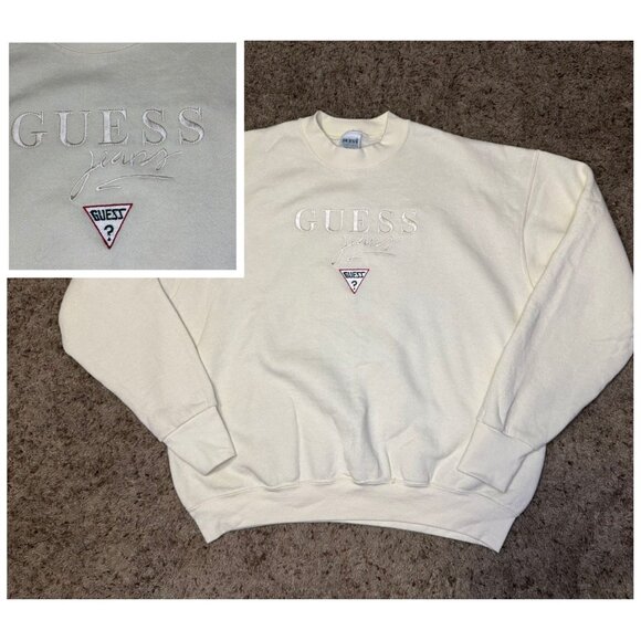 Vintage 90s GUESS Jeans Spell out Crewneck Sweatshirt Iconic Logo Collegiate XL - Picture 1 of 8